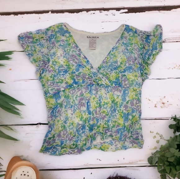 AML Women's Blue Floral V-Neck Ruffle Sleeve Top Size XL - Picture 1 of 10